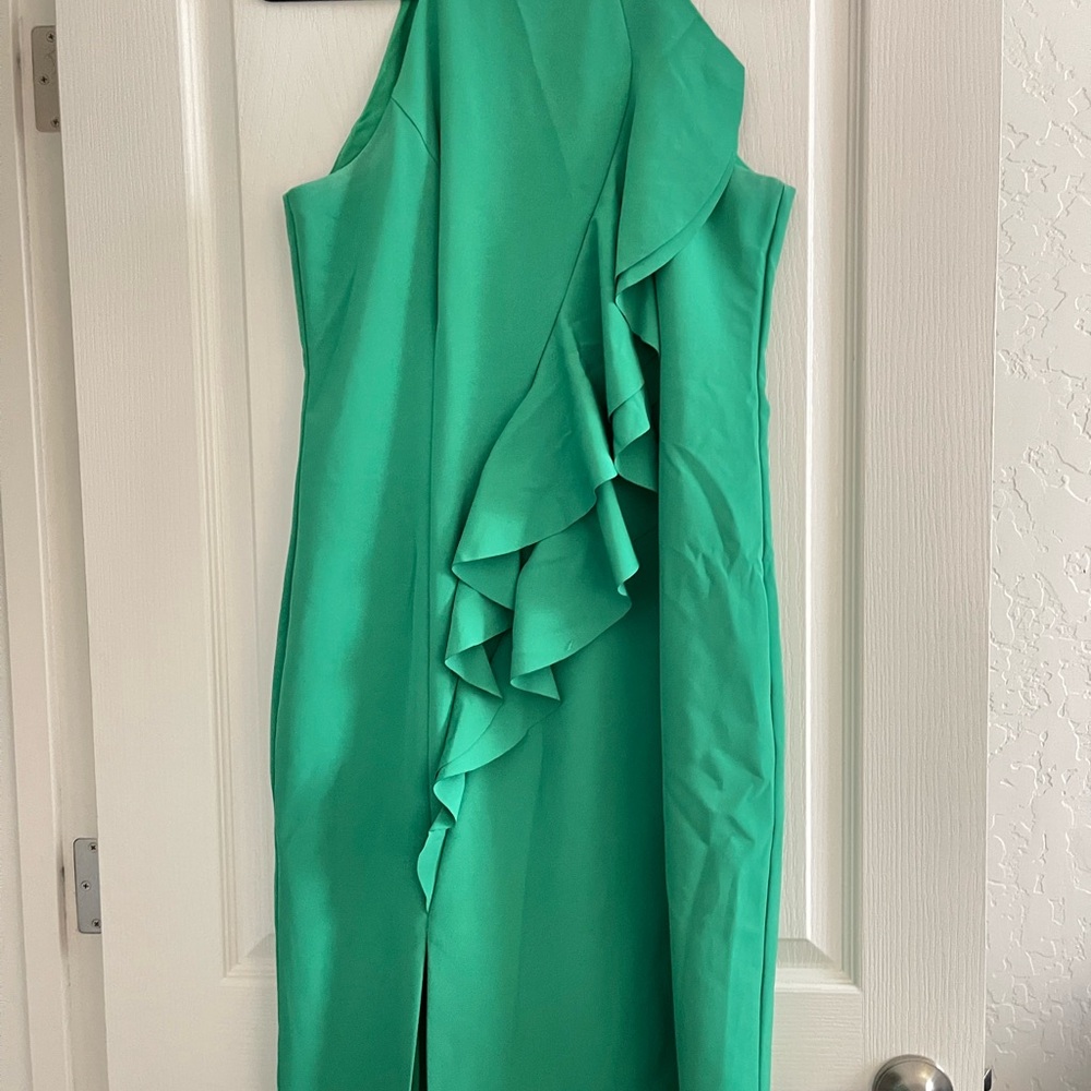 Vince Camuto Green Asymmetrical Ruffled Sheath Dress